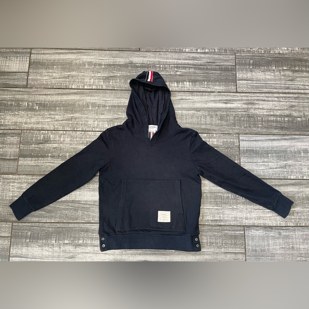 Thom Browne Navy Pullover Jersey Hoodie Center-Back Stripe Size 0
